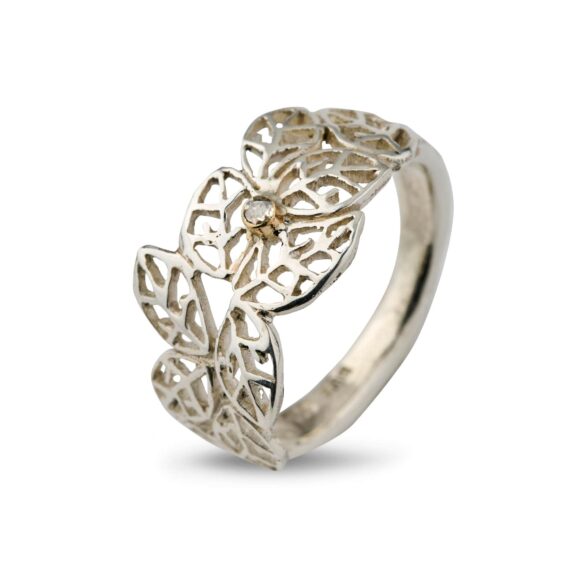 Bøg Bladene Sterling Sølv Ring med Diamant fra By Birdie