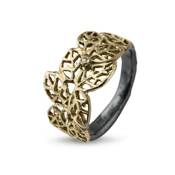 Bøgeløv Sterling Sølv Ring med Guld og Brillanter 0,08 ct